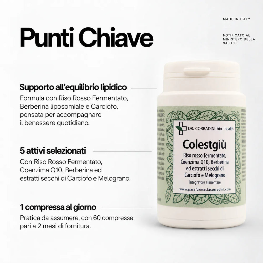 Dr. Corradini - Colestgiù, integratore alimentare a base di Riso rosso fermentato, Coenzima Q10, Berberina ed estratti secchi di Carciofo e Melograno - 60 compresse